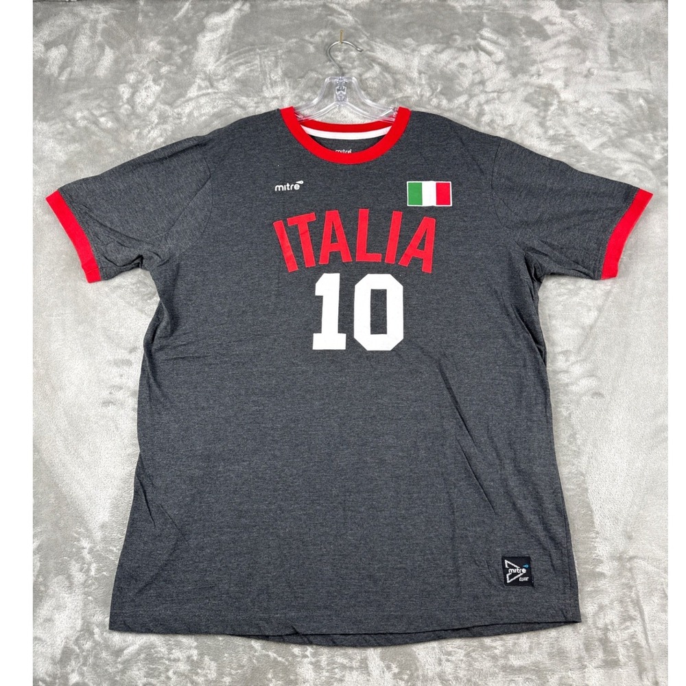 Mitre Elite Italia 10 Soccer Ringer T-Shirt Mens Large Gray Red Italian Flag Tee